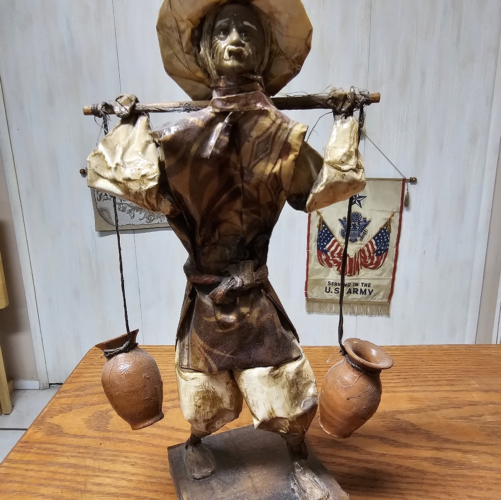 Paper Mache Sculpture,  Man Carrying Water Jugs